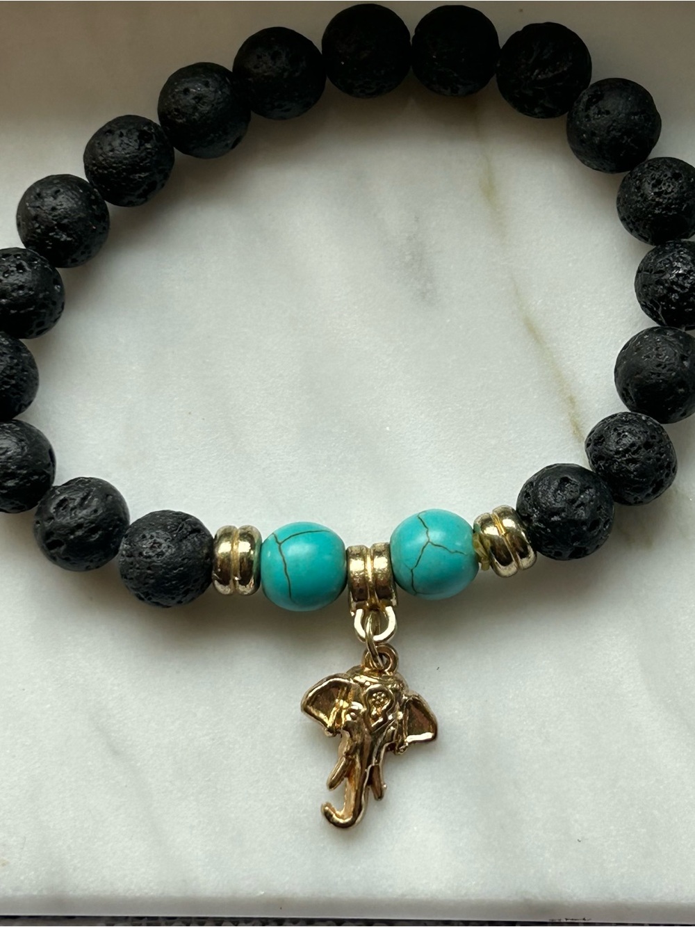 Turquoise & Black Lava Bead Bracelet with Gold Elephant Charm